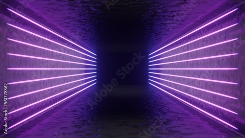 Concept tunnel rotate wave. Futuristic Sci-Fi Modern Empty Stage Reflective Concrete Room With Purple And Blue Glowing Neon Tubes Shape Empty Space Wallpaper Background 3D Rendering Illustration