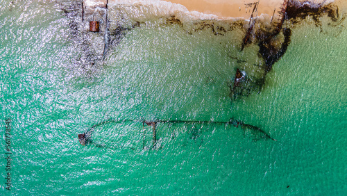 beach to shipwreck from above