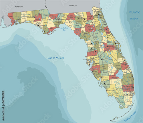 Florida - Highly detailed editable political map with labeling.