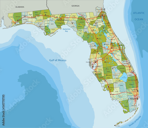 Highly detailed editable political map with separated layers. Florida