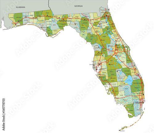 Highly detailed editable political map with separated layers. Florida