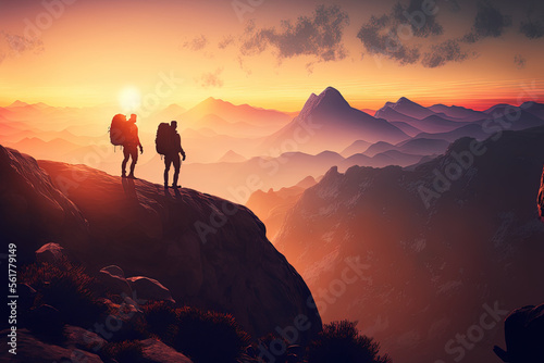 two hikers taking in the sunrise atop a mountain. Generative AI © 2rogan