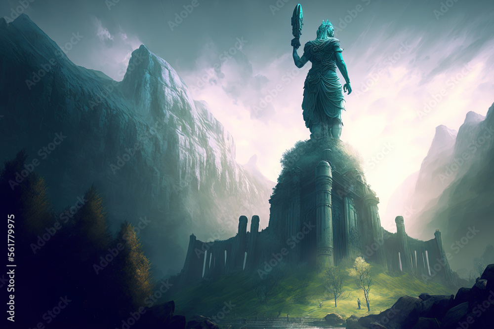 Digital illustration of a landscape in fantasy art with a large statue. Generative AI Digital illustration of a landscape in fantasy art with a large statue. Generative AI