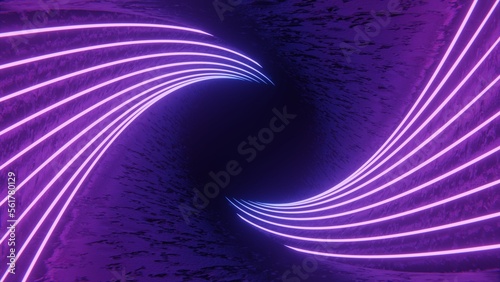Concept tunnel rotate wave. Futuristic Sci-Fi Modern Empty Stage Reflective Concrete Room With Purple And Blue Glowing Neon Tubes Shape Empty Space Wallpaper Background 3D Rendering Illustration