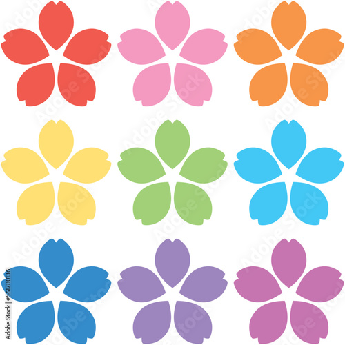 9色のカラフルな5枚の花びらの桜シルエットセットのイラスト