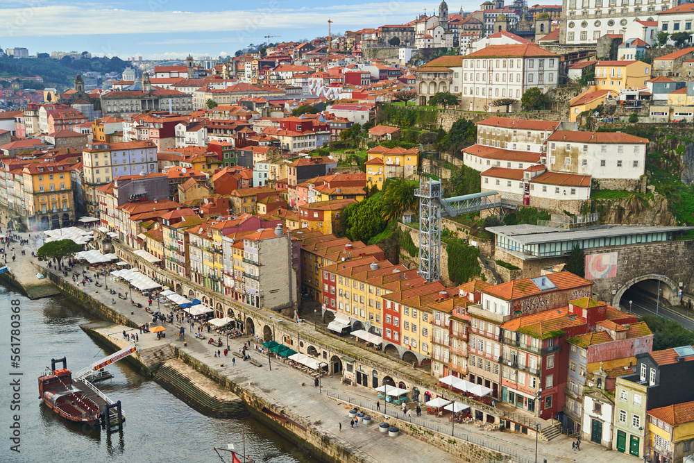 Porto, Portugal - 12.25.2022: Aerial view of the old ribeira area in Porto. High quality photo