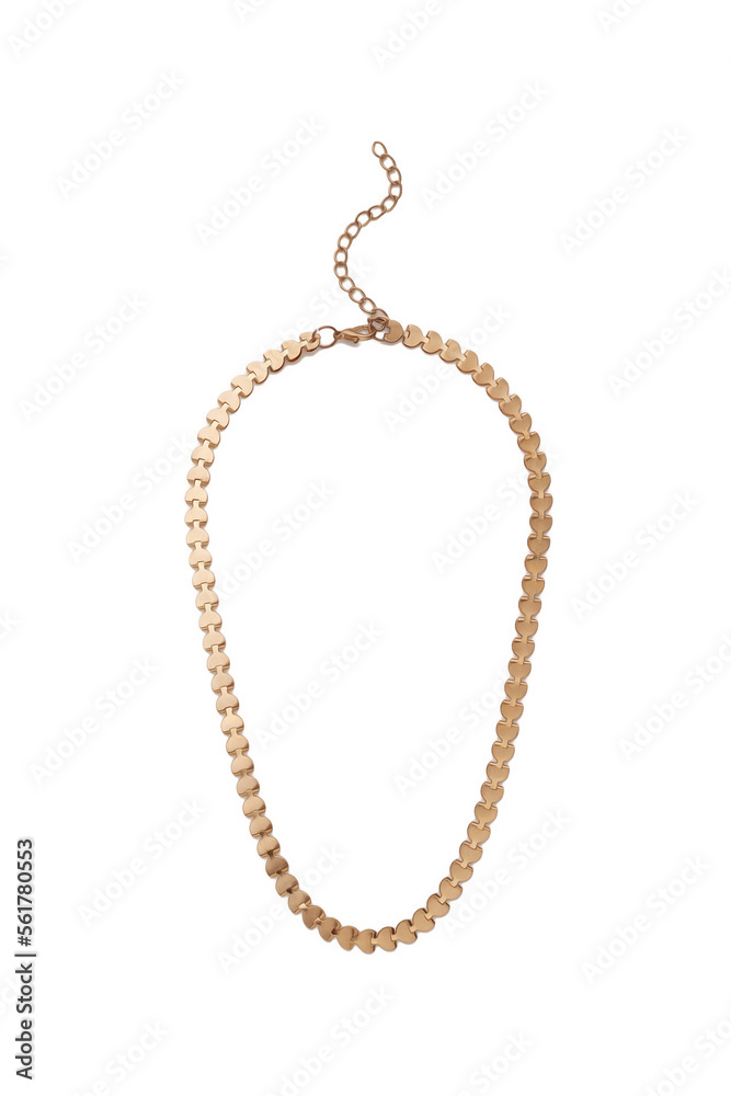 Close-up shot of a gold necklace. The chain has shaped links. The necklace features a lobster clasp. The necklace is isolated on a white background. Front view. Close-up shot of a gold necklace. The chain has shaped links. The necklace features a lobster clasp. The necklace is isolated on a white background. Front view.