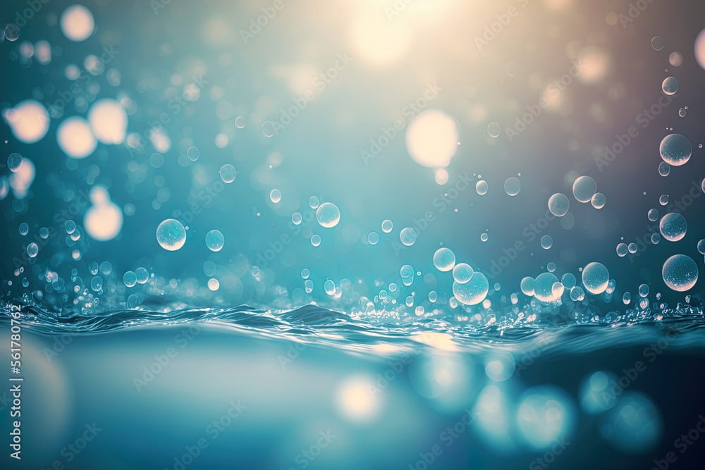 Defocused hazy, transparent, blue colored, calm water with bubbles and splashes. a modern, abstract background of nature. Water waves with copy space in the sun. Generative AI