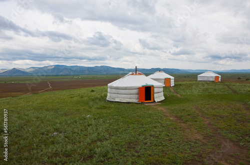 Mongolian yurt (ger) tents on steppe, Selenge Province, Mongolia photo