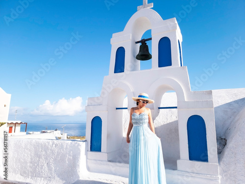 Summer time with smiling woman in Santorini island at Greece as happy moment lifestyle.
