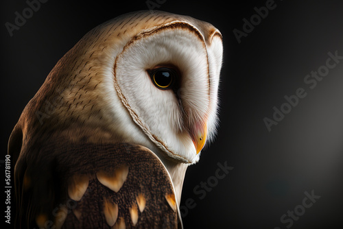 Beautiful close up of a Barn Owl with dramatic lighting and a dark background. Generative AI