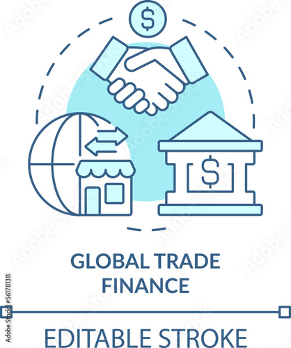 Global trade finance turquoise concept icon. Business. Treasury management service abstract idea thin line illustration. Isolated outline drawing. Editable stroke. Arial, Myriad Pro-Bold fonts used