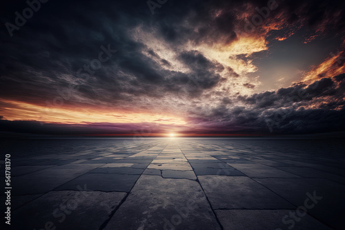 Dramatic Sky Clouds, a Dark Concrete Floor Background, and a Sunset Horizon. Generative AI