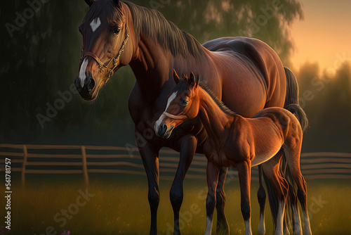 On a beautiful summer evening, a stunning brown mare is caring for and training her adorable young foal. Generative AI