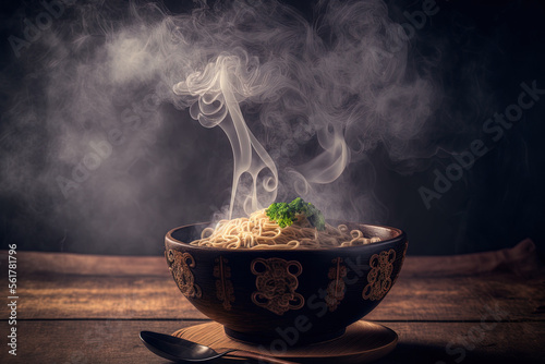 Noodles with steam and smoke in bowl on wooden background, selective focus. Asian meal on a table, junk food concept. Generative AI
