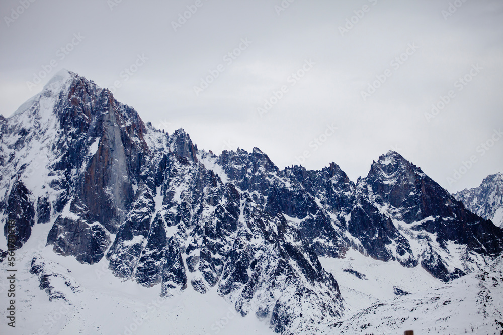 Magnificent view of ridge of European Alps in winter, ski resort Chamonix Mont-Blanc, France. Ideal place for extreme sport and hiking. Winter activity. Natural background