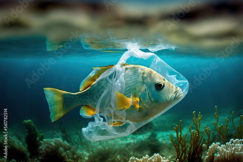 Fisch mit Plastiktüten, Umweltverschmutzung - ai generiert © Nicola