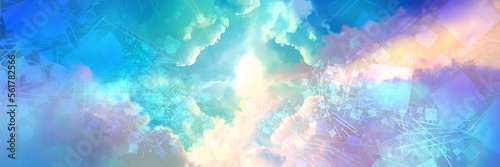 虹色の雲間から神々しく輝く幾何学模様のテクスチャーと美しい天国の入り口のワイドサイズファンタジー風景イラスト