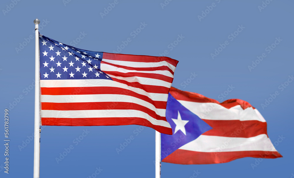 Flag USA and Puerto Rico isolated on sky background