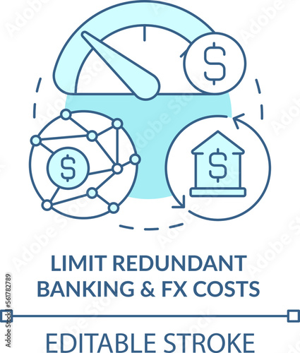Limit redundant banking, FX costs turquoise concept icon. Treasury management benefit abstract idea thin line illustration. Isolated outline drawing. Editable stroke. Arial, Myriad Pro-Bold fonts used