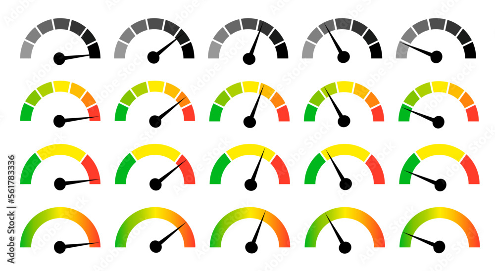 Speedometer gauge meter icons. Vector scale, level of performance. Speed indicator .Infographic of risk, gauge, score progress. - obrazy, fototapety, plakaty 