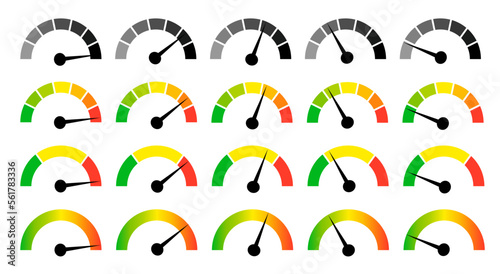Speedometer gauge meter icons. Vector scale, level of performance. Speed indicator .Infographic of risk, gauge, score progress. photo