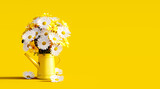 Beautiful spring flowers in yellow watering can on yellow background with copy space 3D Rendering, 3D Illustration