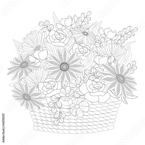 Black and white flowers bouquet in a whicker basket. Coloring book page. Vector illustration.