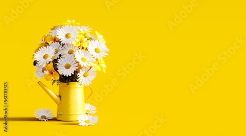 Slika na platnu Beautiful spring flowers in yellow watering can on yellow background with copy s