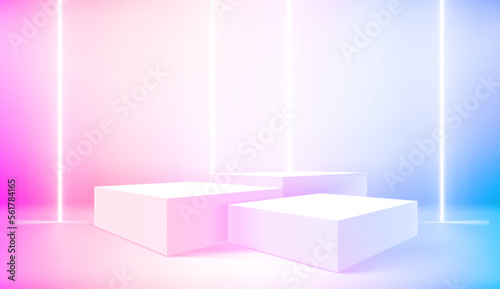 Vivid room with showcase and neon lamps. Realistic showcase for advertisement. 3d style vector illustration 