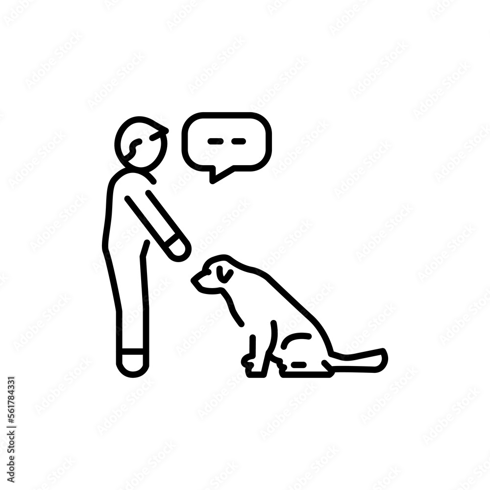 Cute character commands golden retriever color line icon. Dog training.