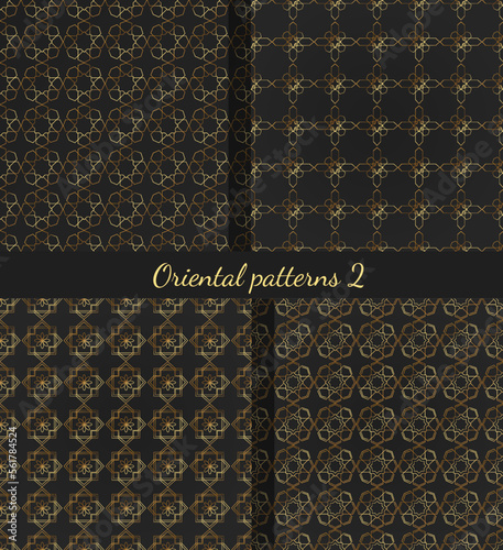 Set of Islamic, Arabic, Oriental background patterns. Golden color. Seamless pattern in vector.