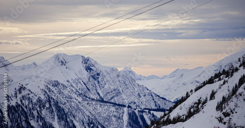 Magnificent view of ridge of European Alps in winter, ski resort Chamonix Mont-Blanc, France. Ideal place for extreme sport and hiking. Winter activity. Natural background