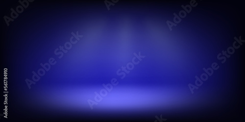Abstract illuminated empty blue stage with bright projectors. Design template. 3d vector background