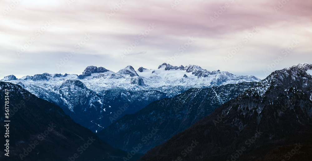 Panoramic view of Dachstein glacier in winter after sunrise - Austria