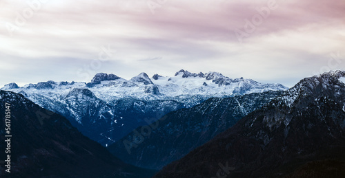 Panoramic view of Dachstein glacier in winter after sunrise - Austria
