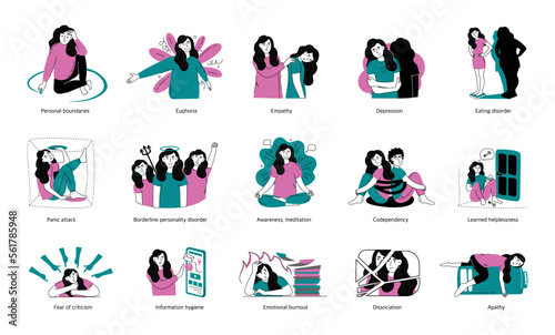Set of concepts of mental health and psychology. Psychological disorders, various positive, negative states of people. Vector illustration isolated on a white background.