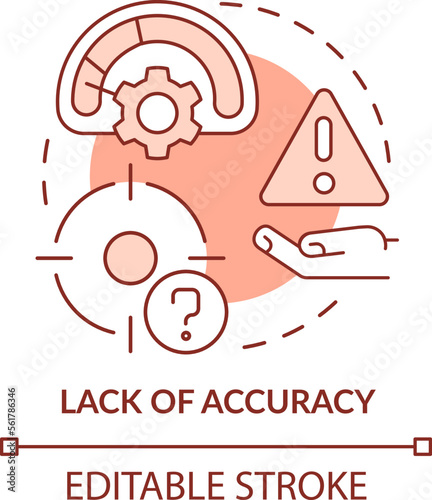 Lack of accuracy red concept icon. Challenge faced by corporate treasurers abstract idea thin line illustration. Isolated outline drawing. Editable stroke. Arial, Myriad Pro-Bold fonts used