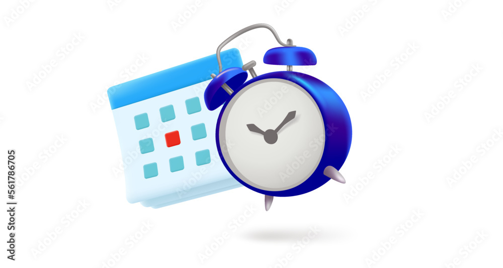 Blue alarm clock with calendar. 3d vector illustration