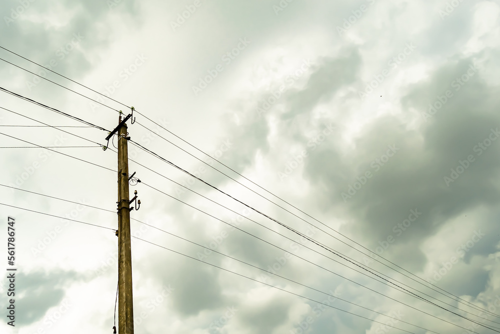 Power electric pole with line wire on colored background close up Power electric pole with line wire on colored background close up