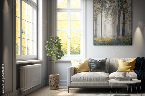 Stylish living room interior with comfortable sofa near window. Generative AI