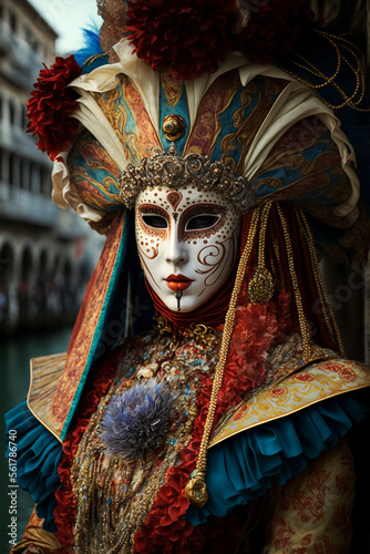 Abstract art. Colorful painting art of a woman with venetian carnival mask and costume. Background illustration. Generative AI.