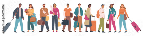 Walking male and female characters carrying baggage and bags. Traveling people with personal belongings and stuff, going on vacation. Vector in flat style