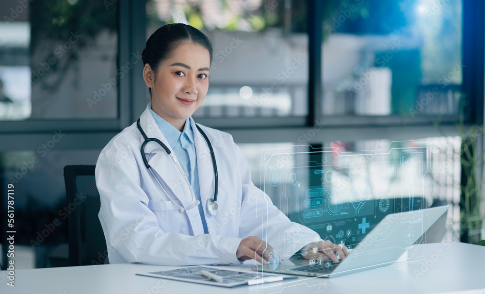 Medicine doctor touching on digital tablet and hologram modern virtual screen interface icons, Medical technology and futuristic concept. Medicine doctor touching on digital tablet and hologram modern virtual screen interface icons, Medical technology and futuristic concept.