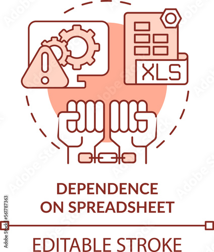 Dependence on spreadsheet red concept icon. Corporate treasurers challenge abstract idea thin line illustration. Isolated outline drawing. Editable stroke. Arial, Myriad Pro-Bold fonts used