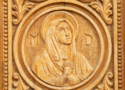 Wooden sculpture representing Saint Mary, mother of Jesus at the Dumbrava monastery - Romania