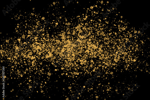 Black background with drops, dots, blots, megumi and dust. Golden color. photo