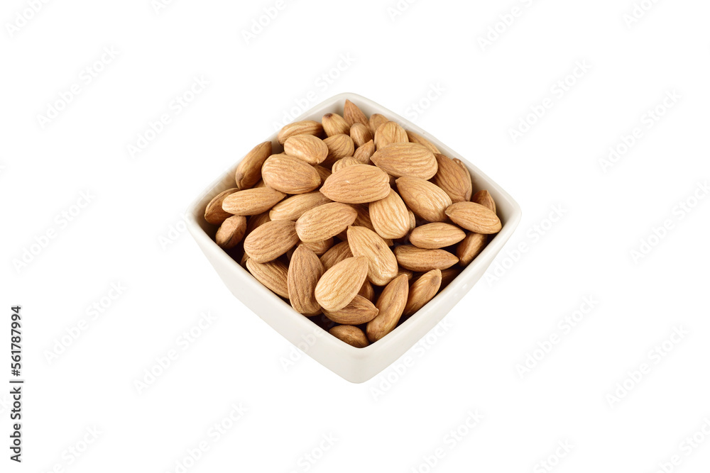 Almond in bowl on white background with clipping path Almond in bowl on white background with clipping path