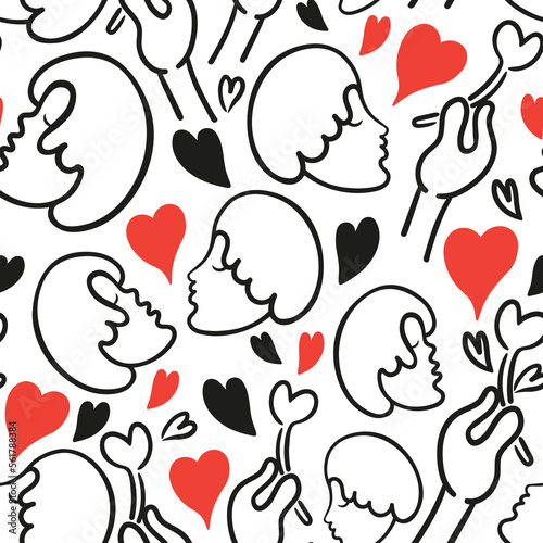 seamless pattern with love symbols. Faces in profile, a flower in the form of a heart, a kiss and a declaration of love.