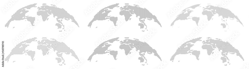 Naklejka premium Globe world map with continents, isolated rounded hemispheres of Earth digital dots set. Business or political worldwide display, monochrome countries. Vector in flat style